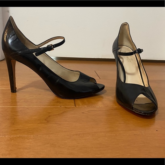 Black Patent Nine West Peep Toe Mary Janes Size 10 - Picture 1 of 2